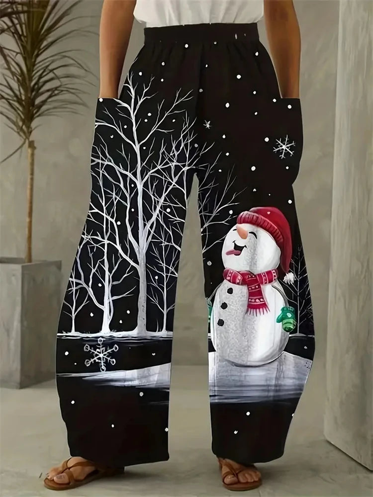 Women's Wide Leg Pants Christmas Tree Printed Trousers Women's Casual Christmas Gifts Elegant And Exquisite Pants