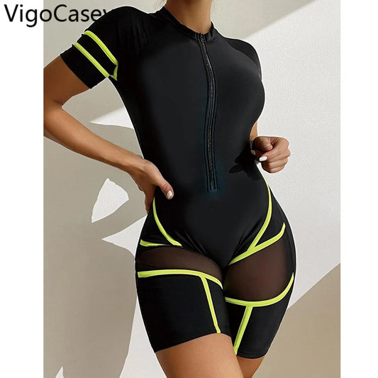 Solid Short Sleeve Swimwear Women Hollow Mesh Push Up One Piece Swimsuit Monokini Summer Beach Bathing Suit