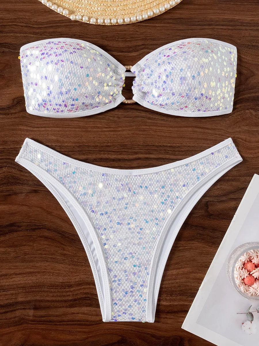 Glitter Sequins Fishnet Rings Bandeau Bikini Female Swimsuit Women Swimwear Two-pieces Bikini Set Brazilian Bathing Suit Swim