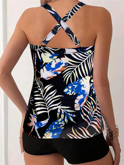 Printed Tankini Set Two Pieces Swimsuit Women Strappy Criss Cross Swimwear Female Bathers Bathing Swimming Suit Beachwear