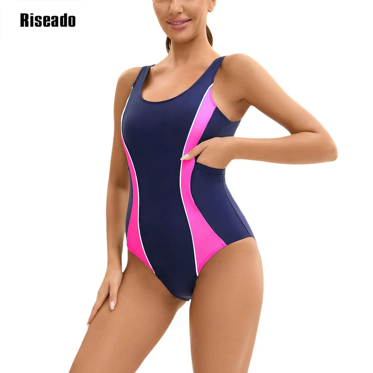 Riseado Modest Swimwear One Piece Sports Swimsuit with Pocket High Waist Racerback Athletic Bathing Suit