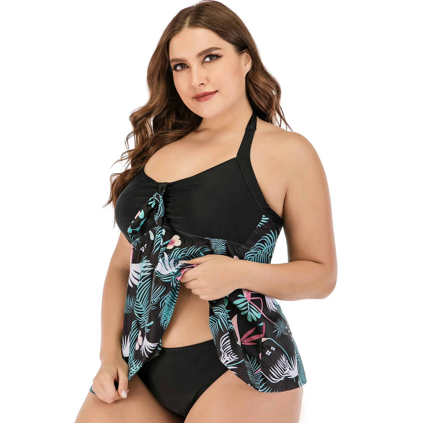 Flaming Tropical Print 2 Piece Plus Size Tankini Set Women Halter Curvy Dress Swimsuit High Waist Beach Lady Big Bathing Suit