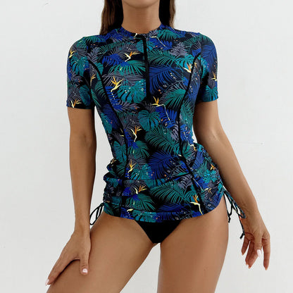 Floral Women Swimsuits Sun Protection Female Short Sleeves Swimwear Surfing Sports Pool Beachwear Two-Piece Bathing Suits