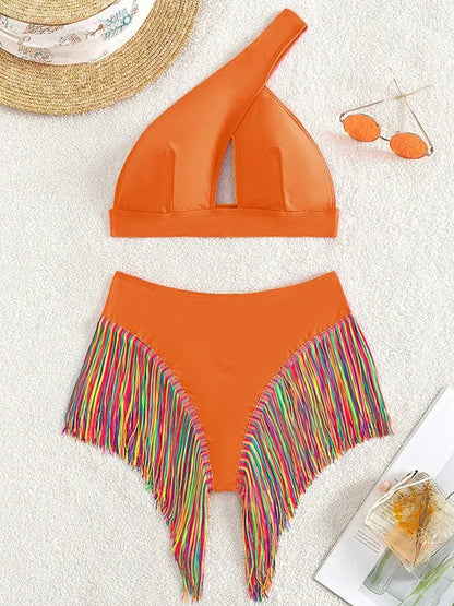 Fringe Tassel One Shoulder High Waist Bikini Women Swimwear Female Swimsuit Two-pieces Bikini Set Hollow Out Bathing Suit Swim