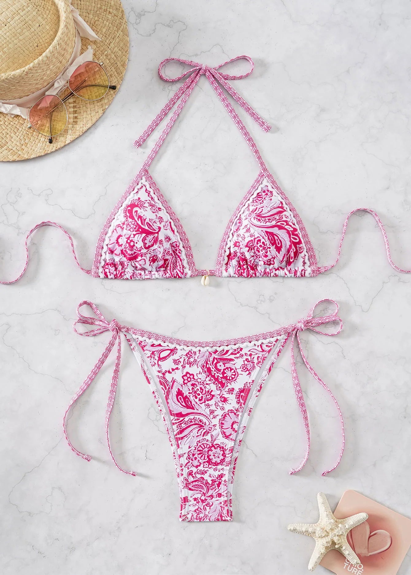 Triangle Bikini Set - Floral Print Push Up Swimsuit & Brazilian Bottoms