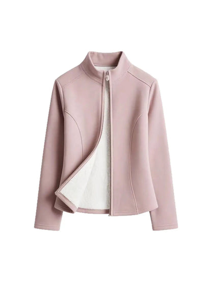 Women's Fleece Lined Slim Fit Yoga Jacket Stand Collar Thickened Zipper Short Coat Warm Fitness Outerwear for Autumn Winter