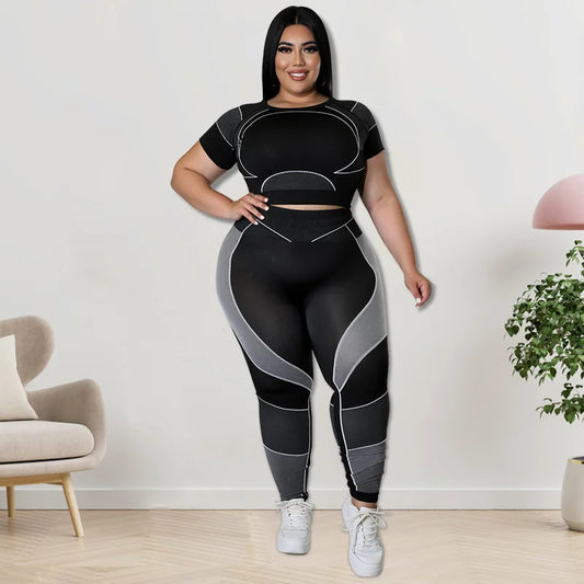 Plus Size Sets Women's Clothes Tracksuit Short Top and Pant Two Piece Sets Gym Joggers Sports Outfits High Elastic Yoga Set