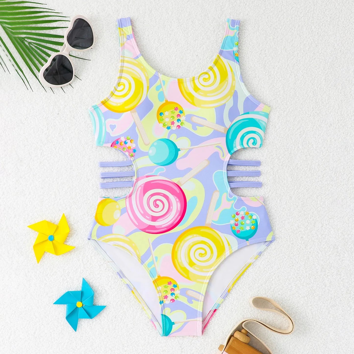 Lollipop Print Summer Kids Girls One-Piece Swimsuit Swimwear Hollow Girls Monokini Children's Swimming Wear Bathing Suit 8-12Y