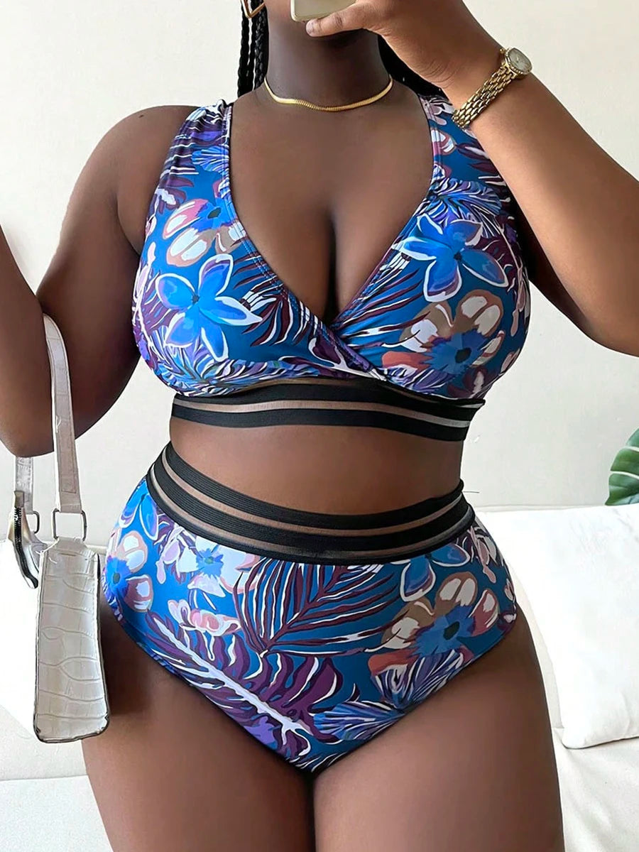 Floral Bikini Large Swimsuit Women Plus Size Swimwear Female High Waist Bathers Bathing Swimming Swim Suit Beachwear