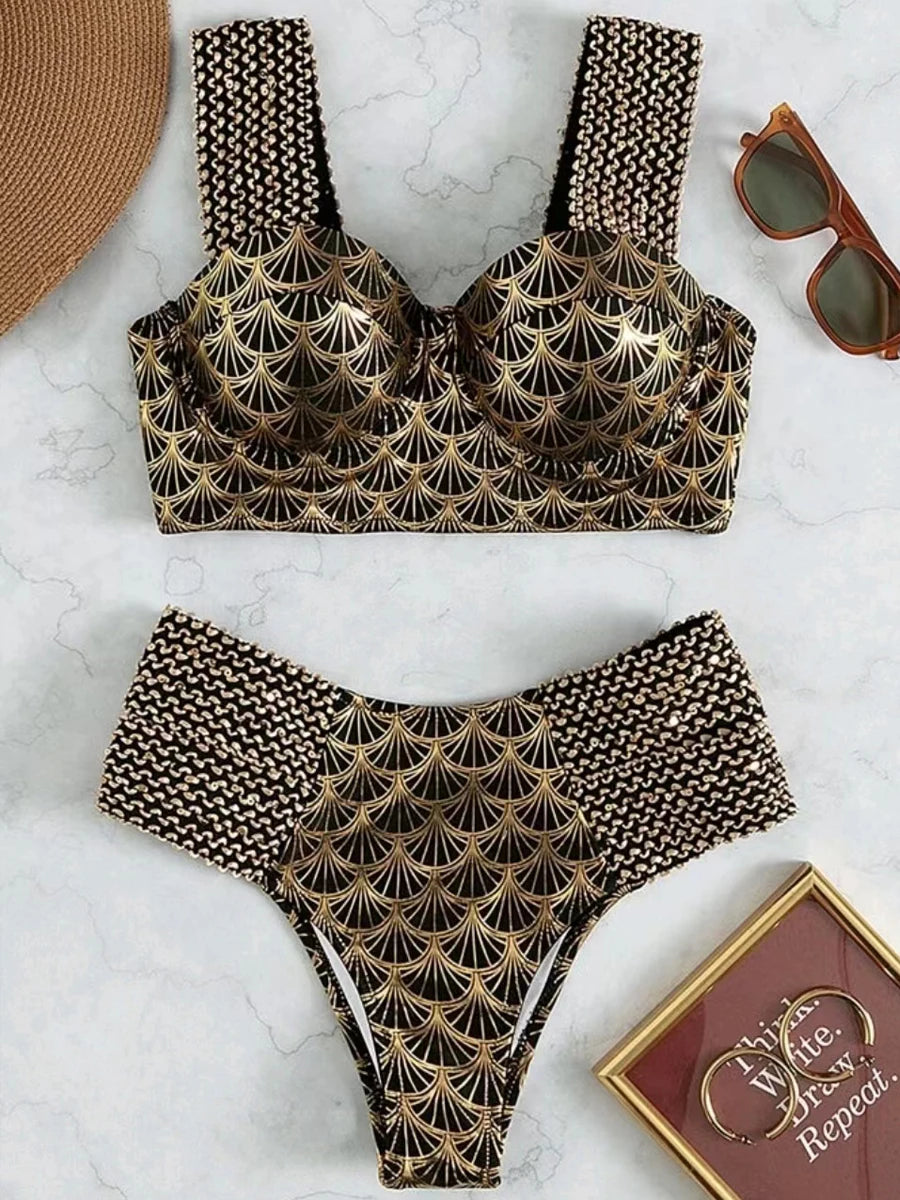 Metallic Stitch Strap Bikini  Women Push Up Gold print Swimsuit Female High Waist Swimwear Bathers Bathing Suit Beachwear