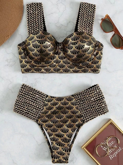 Metallic Stitch Strap Bikini  Women Push Up Gold print Swimsuit Female High Waist Swimwear Bathers Bathing Suit Beachwear