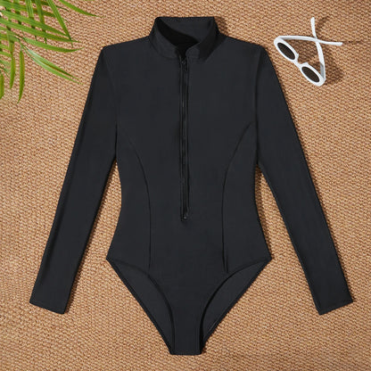 Red Slim Rush Guard Long Sleeve Surfing Swimsuit Women With Zipper Solid Swimwear Female Bathers Bathing Swimming Swim Suit XXL