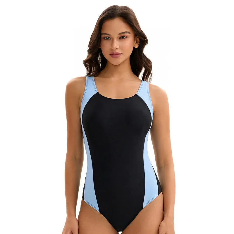 Women Color Block One Piece Swimsuit Sleeveless Tight Sports Triangle Swimwear Bathers Pool