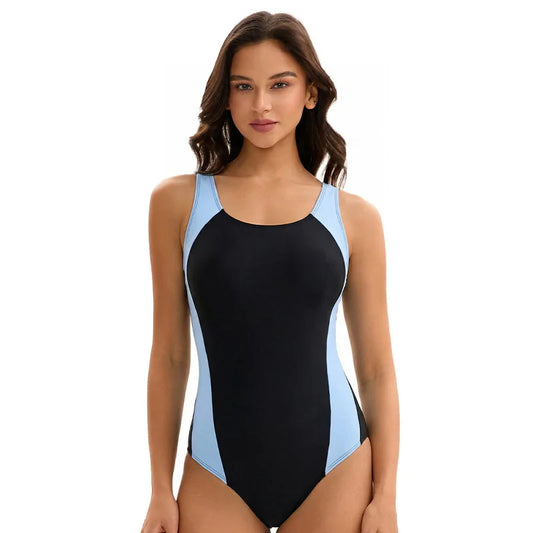 Women Color Block One Piece Swimsuit Sleeveless Tight Sports Triangle Swimwear Bathers Pool