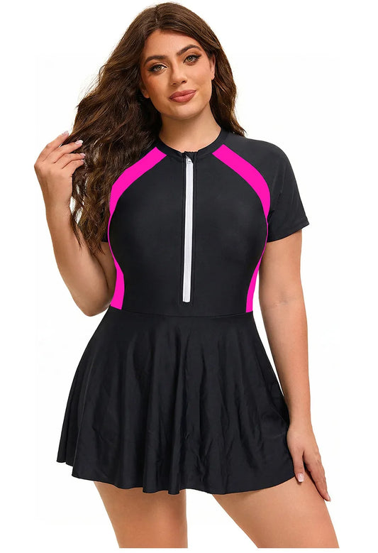 Women's Plus Size Color block Swimwear One Piece Swimsuit Full Zip Short Sleeve Rash Guard UPF 50+ Beach Bathing Suit Beachwear