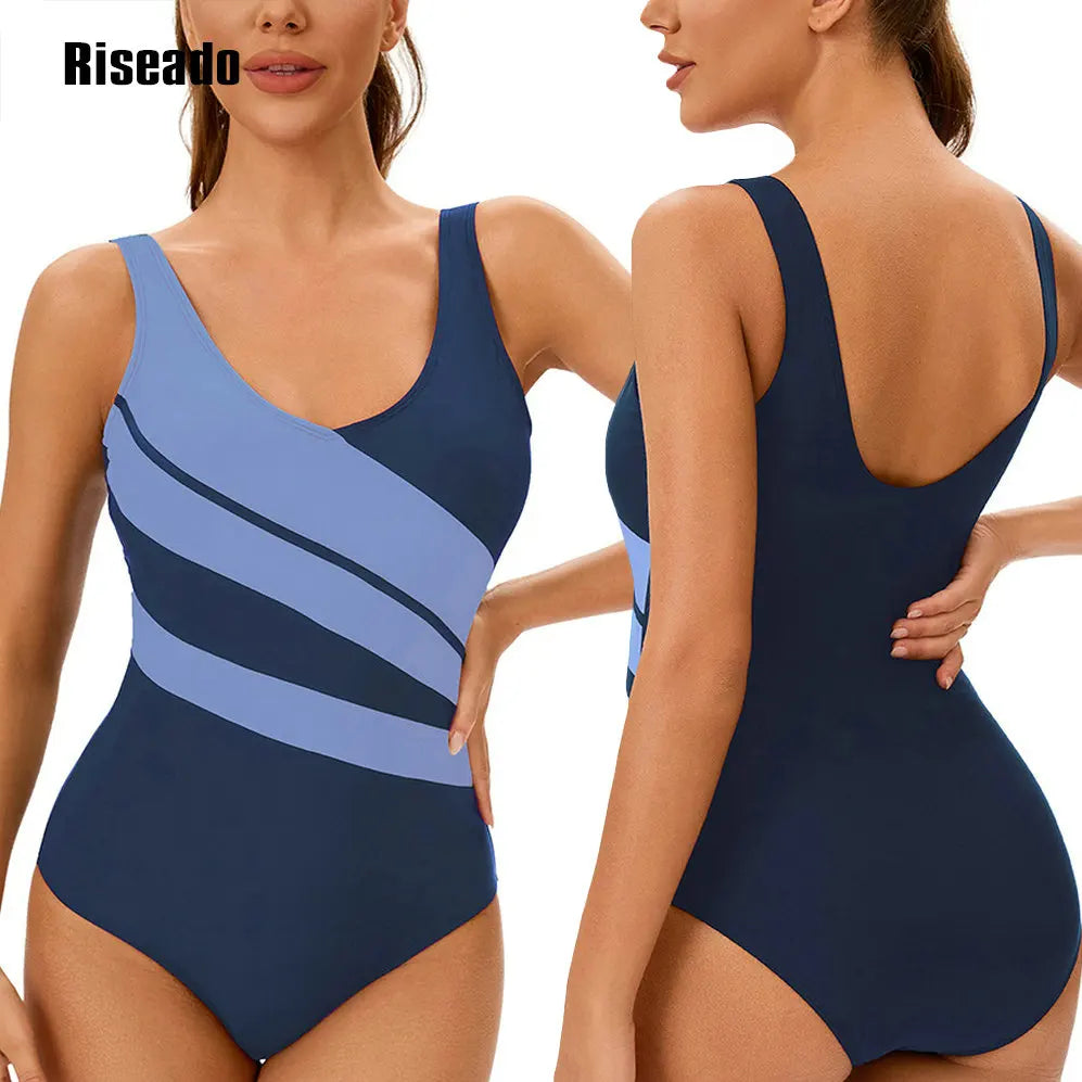 One Piece Swimsuit Women U Back Color Block Print Bathing Suits Athletic Modest Swimwear