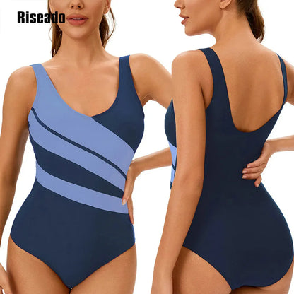 One Piece Swimsuit Women U Back Color Block Print Bathing Suits Athletic Modest Swimwear