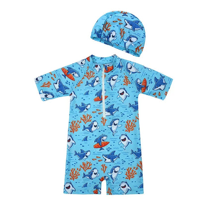 Baby Boys Girls 2pcs Summer Beach Swimwear Print Cartoon Cap+Bodysuit Infant Suit Outfit Bathing Swimsuit