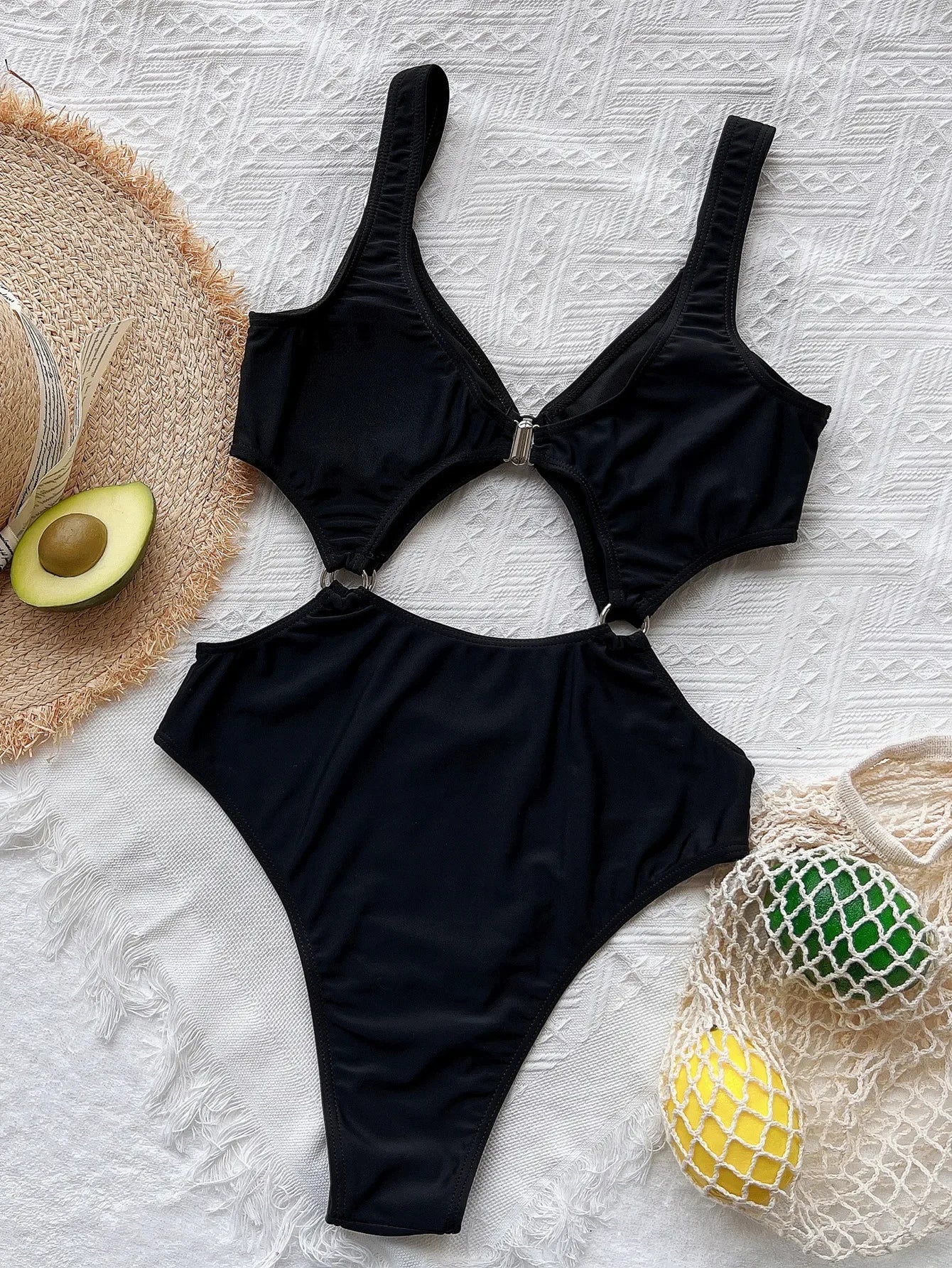 Black One Piece Swimsuit Swimwear Women Hollow High Waist Bathing Suit Beachwear Metal Hoops Decor