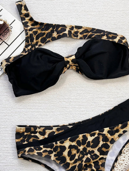 Leopard Print Patchwork Swimwear Women Hollow Bikini Set Push Up Lady Swimsuit Beach Brazilian Bathing Suit