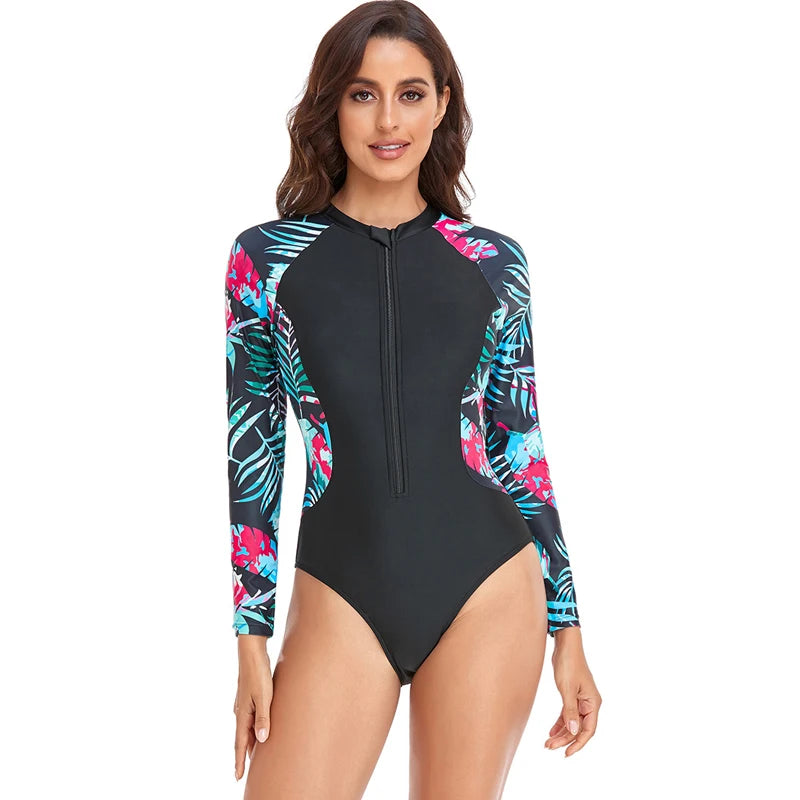 Womens Athletic One Piece Swimsuits Rashguard Long Sleeve Swimsuit Sports Surfing Swimwear Bathing Suits Printed Half Zipper XXL