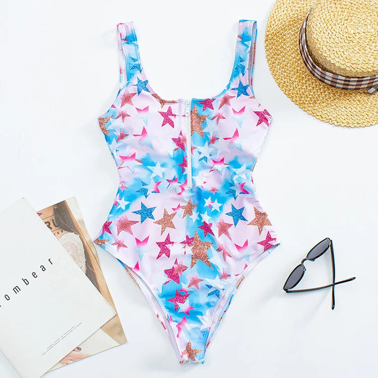 Multi Designs Color Printed Zipper Swimsuit One Piece Swimwear Women Floral Bathers Bathing Swimming Swim Suit Female Beachwear