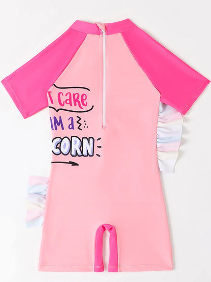 Girls Kids Swimsuit Rainbow Horse Siamese Short Sleeves Children Swimwear Summer One Piece Beach Bathing Suit Swimming