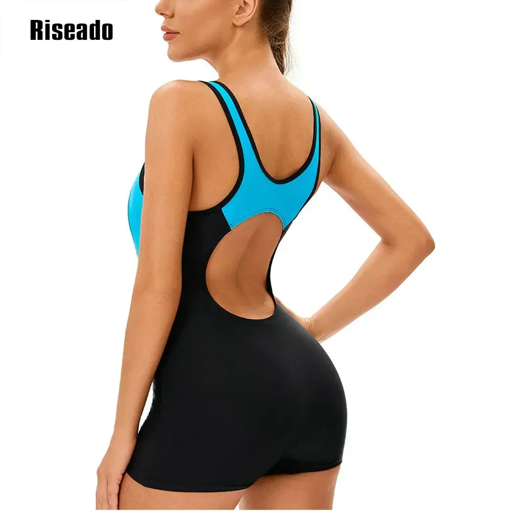 Women's Sport Beachwear One Piece Slimming Bathing Suit Splice Leg suit Korean Swimsuit for Pool Swimming