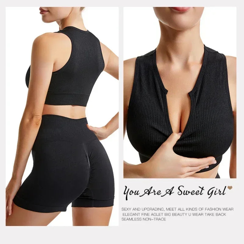 Sports Bra and Shorts Set Women Deep U-neck Push Up Gym Jogging Yoga Fitness Shockproof Vest Crop Tops Female Sport Bras Set for Women