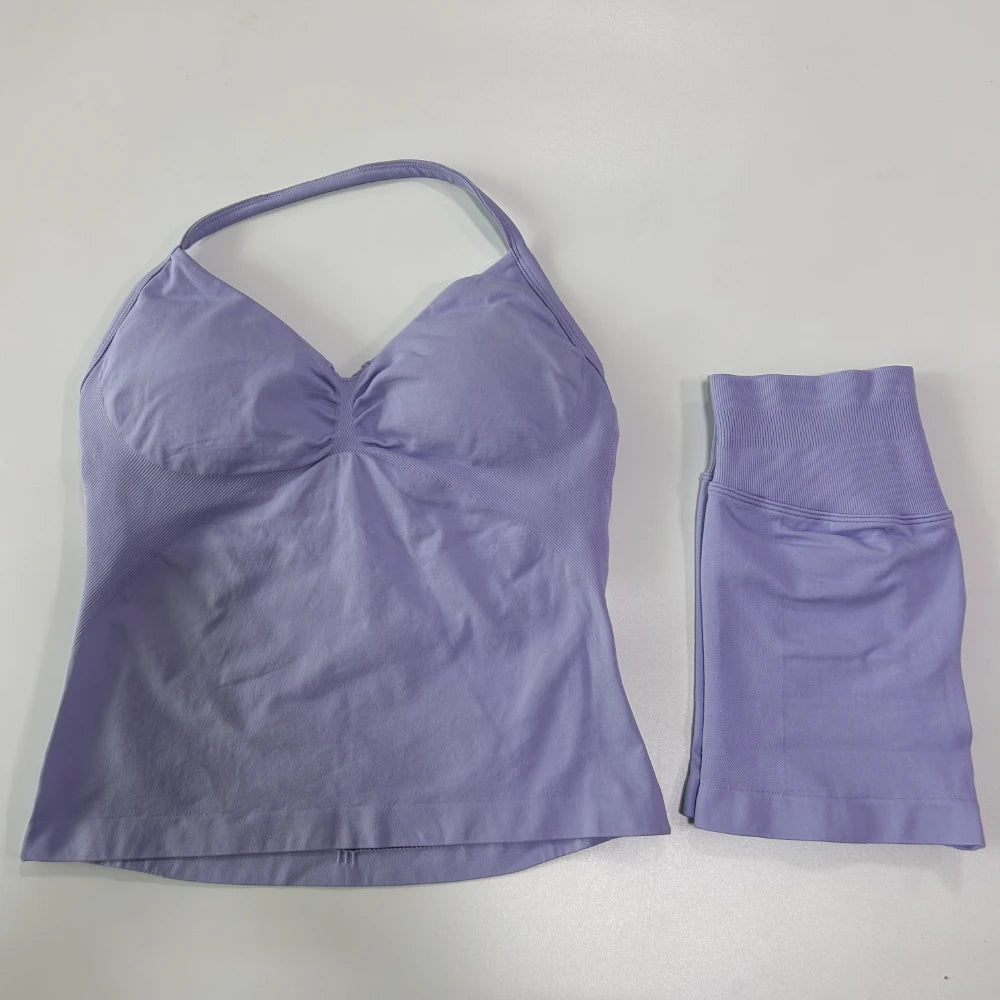 2Pcs Gym Set Women Backless Tank Tops High Waist Scrunch Seamless Shorts Gym Suit Fitness Clothes Activewear Workout Set