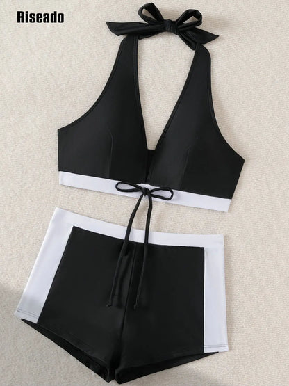 Women's Two Piece Black Swimsuit Push Up Bikini Set Swimwear with Boy shorts V Neck Bathing Suit