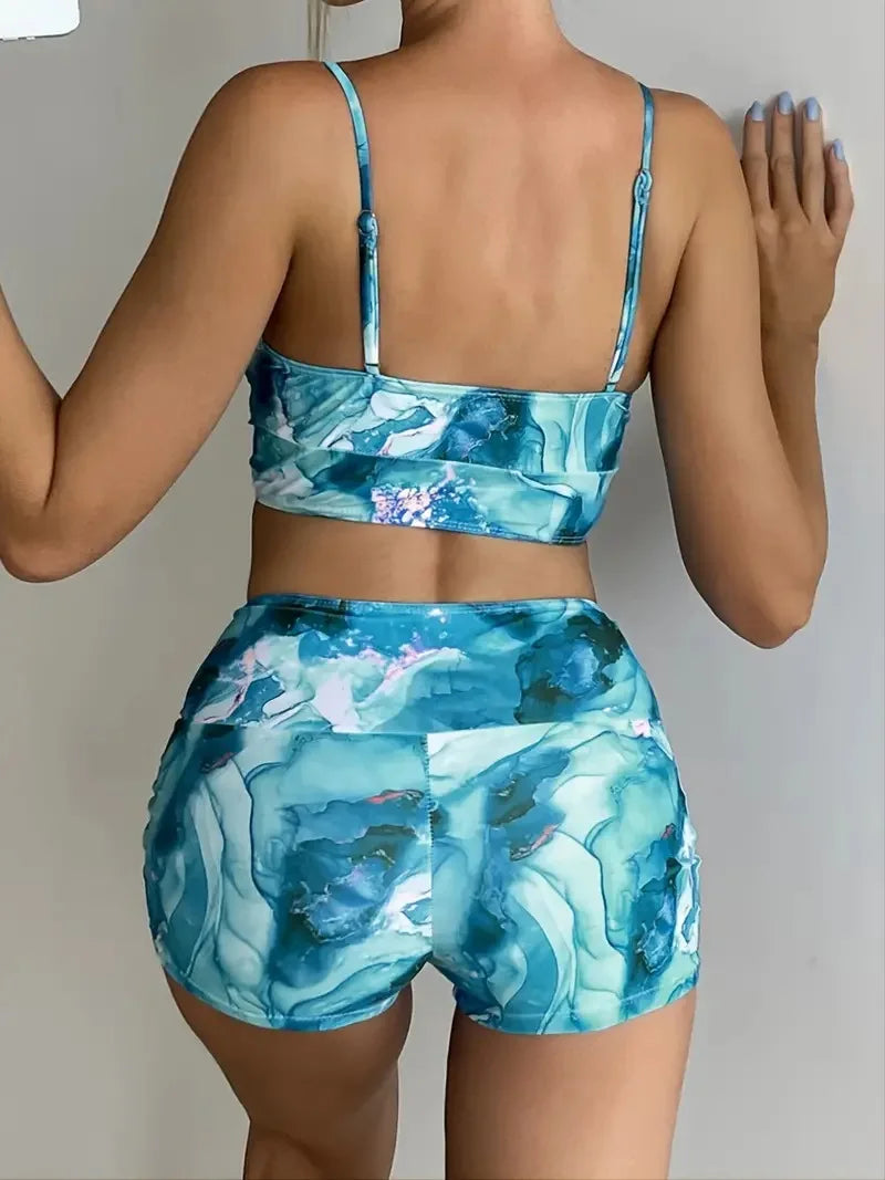 Separate Swimsuit Tie Dye Print Bikini Bathing Suit Women Tankini Set Drawstring Two-Piece Suits Shorts Swimwear Female