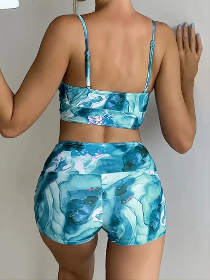 Separate Swimsuit Tie Dye Print Bikini Bathing Suit Women Tankini Set Drawstring Two-Piece Suits Shorts Swimwear Female