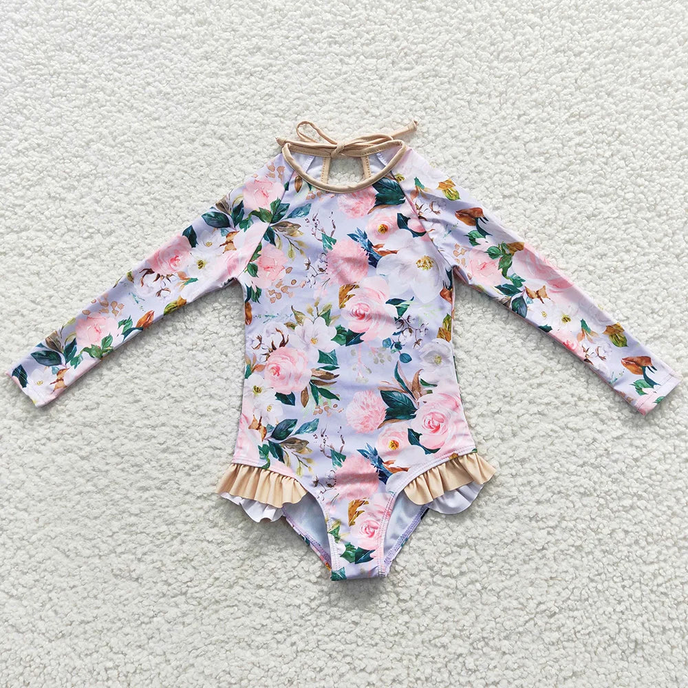 Colourful Designs Baby Girls Swimsuits Long Sleeve One Pieces Swimsuit Summer Fashion Kids Clothes Swimwear Boutique Girls Swim Clothes