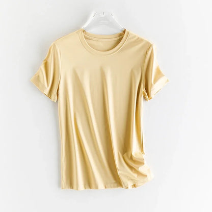 10% Silk & Mercerized Cotton Women T-shirt Luxury Tee Short Sleeve Silky Feeling Summer Wear Tops V / O-neck
