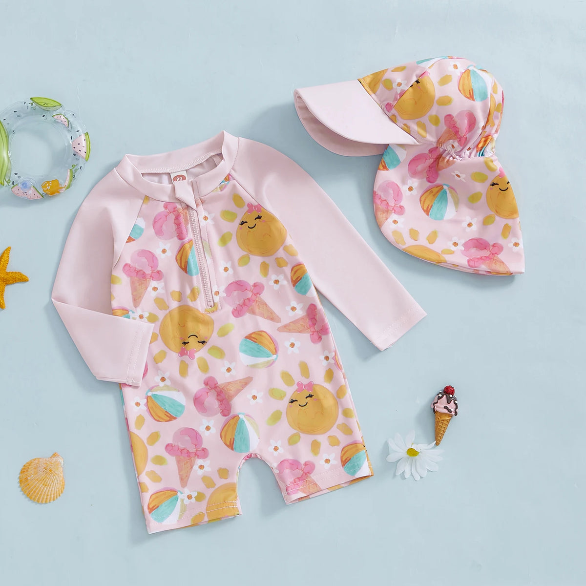 Kids Baby Girls Swimwear Bathing Suit Princess Rash Guard Infant Swimsuit Ice Cream Print Long Sleeve Swimwear + Hat
