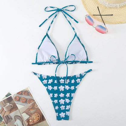Halter Printed Bikini Women Thong Swimwear Female Triangle Swimsuit Bathers Bathing Swimming Swim Suit Beachwear Summer
