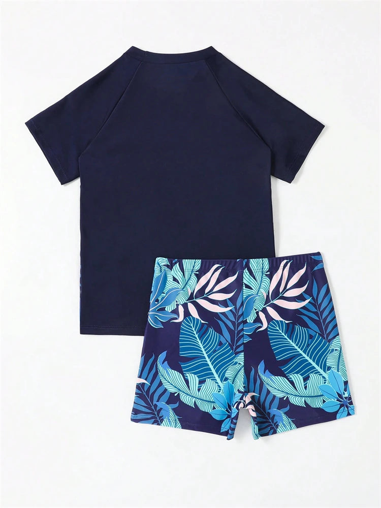Boys' Blue Tropical-Print Short-Sleeve Rash Guard & Shorts Set