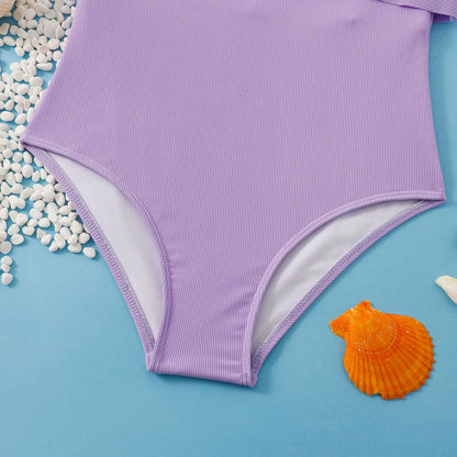 Purple Ruffle Girls One Piece Swimsuit 7-12 Year Kids Swim Suit Bodysuit Children's Swimwear Bathing Suits Beach