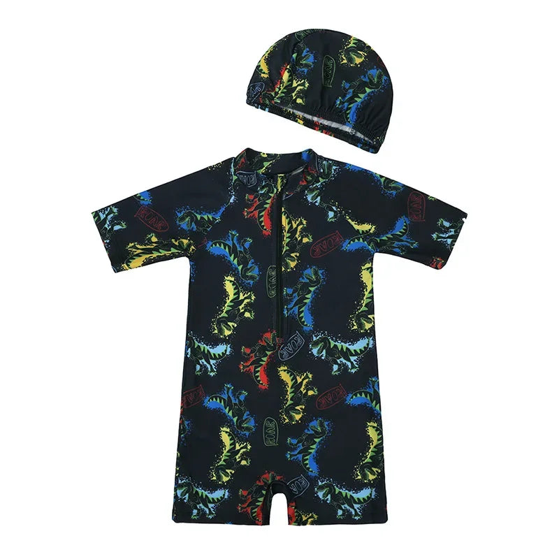 Baby Boys Girls 2pcs Summer Beach Swimwear Print Cartoon Cap+Bodysuit Infant Suit Outfit Bathing Swimsuit