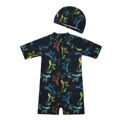 Baby Boys Girls 2pcs Summer Beach Swimwear Print Cartoon Cap+Bodysuit Infant Suit Outfit Bathing Swimsuit