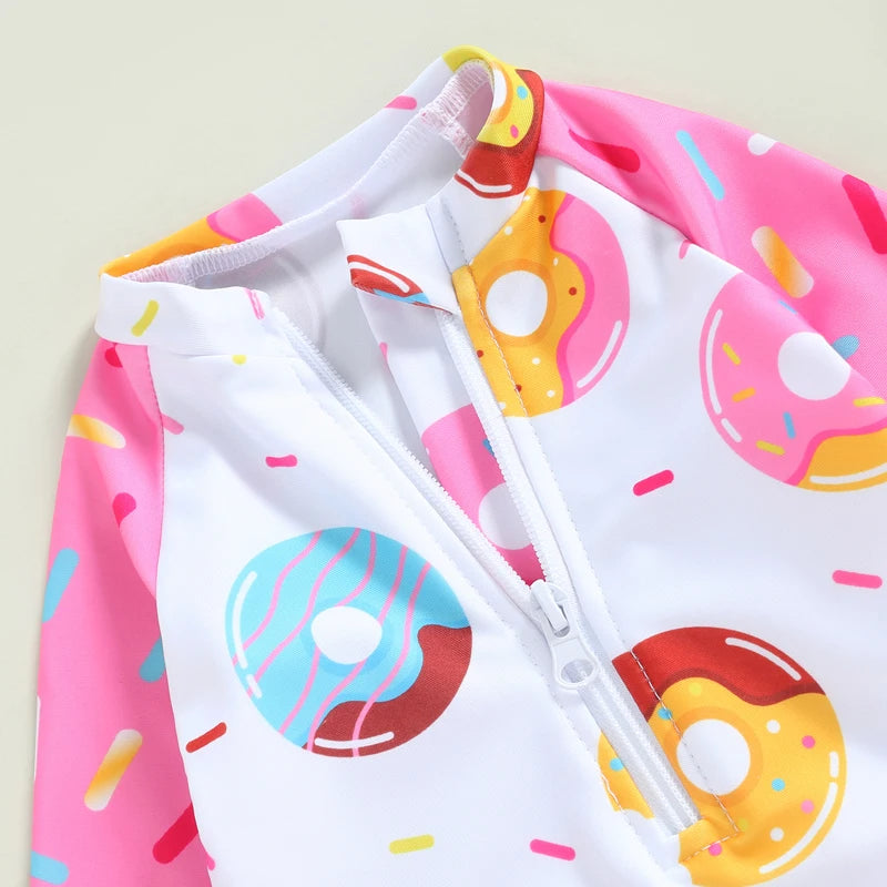 Kids Baby Girl Long Sleeve Swimsuits Ruffle Trim Donut Print Zipper Jumpsuit Swimwear Beachwear Bathing Suits 1-5T