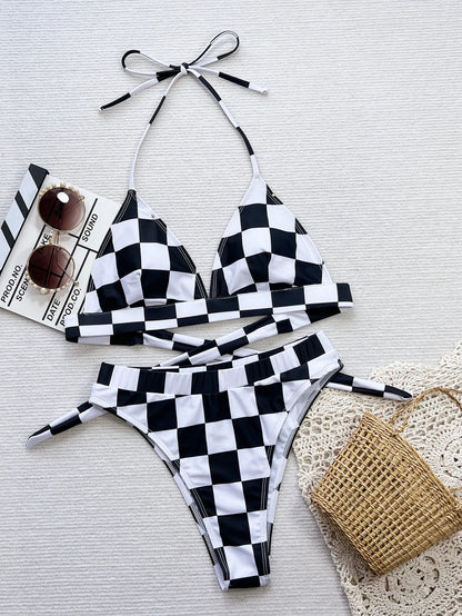 Plaid Print Swimwear Women Halter Push Up Bikini Set High Waist Lady Swimsuit Beach Brazilian Bathing Suit