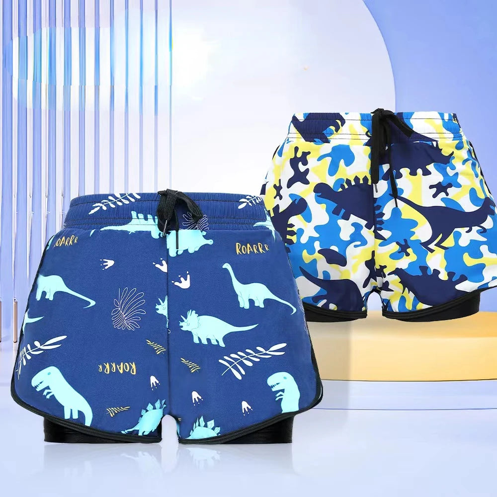 Children's Swim Trunks, Youth Boys, Middle and Teenage Kids, Double Layer Swim Shorts, Summer Cartoon Beach Boxer, Full Set