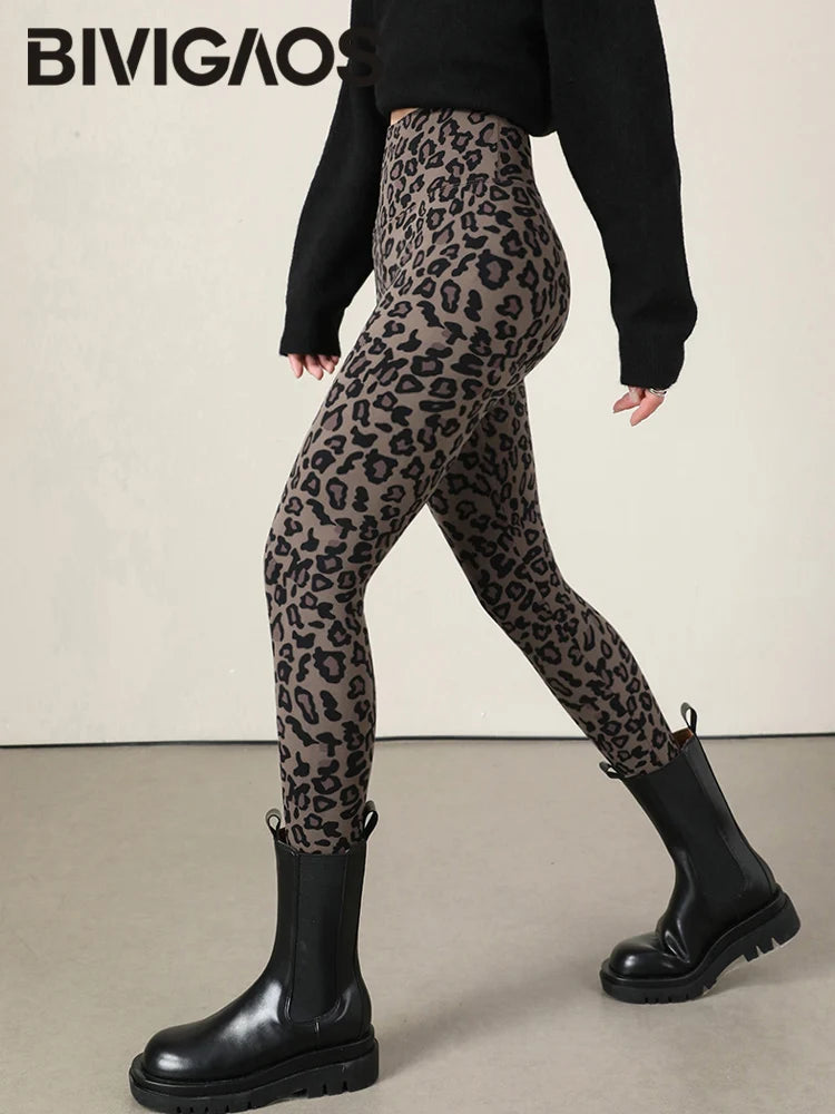 Thin Velvet Fashion Leopard Sharkskin Leggings Women High Waisted Slim Tight Warm Leggings