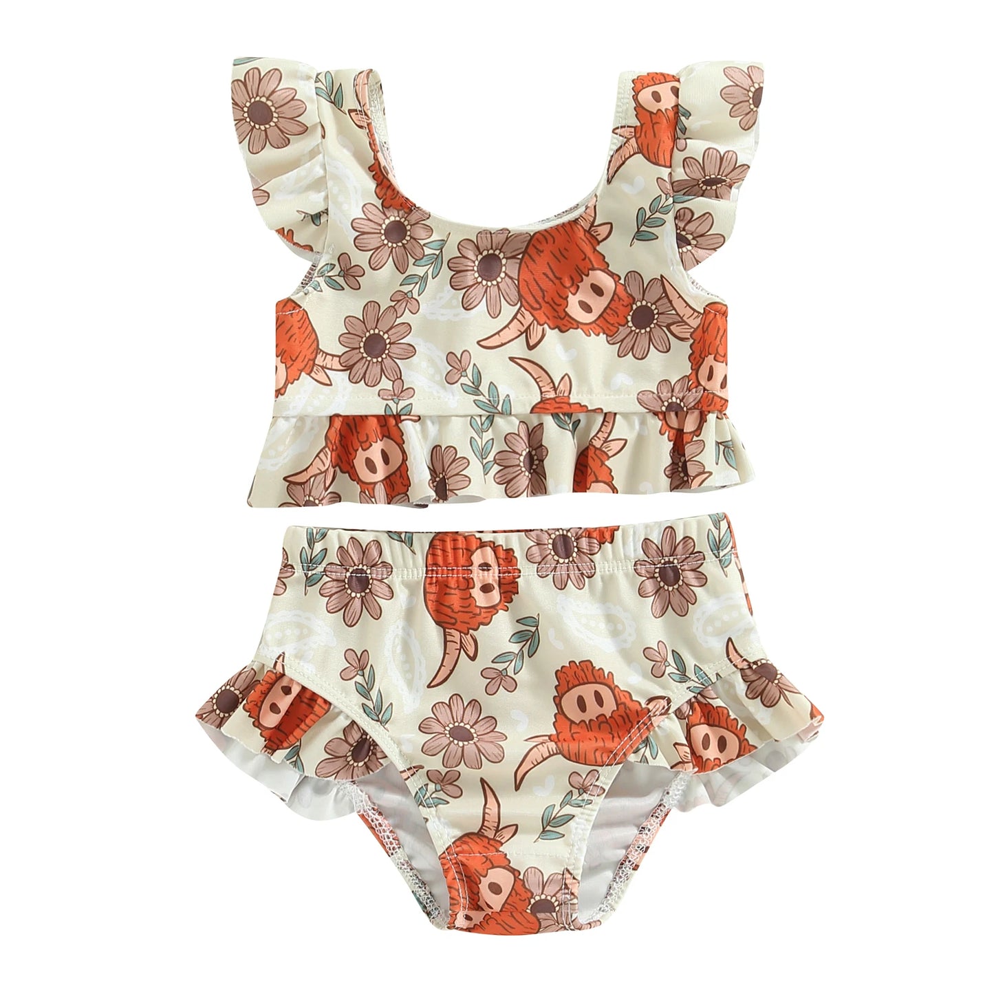 Tregren Cute Toddler Baby Girl Bikini Flower/Bull Head Print Swimsuit Ruffle Swimwear Summer Swimming Pool Hot Spring Beach Wear
