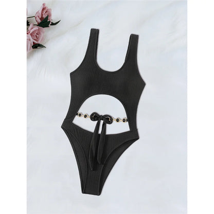 Diamond Rhinestones Tummy Cut Out One Piece Swimsuit Women Swimwear Female Knotted High Leg Cut Bather Bathing Suit Swim