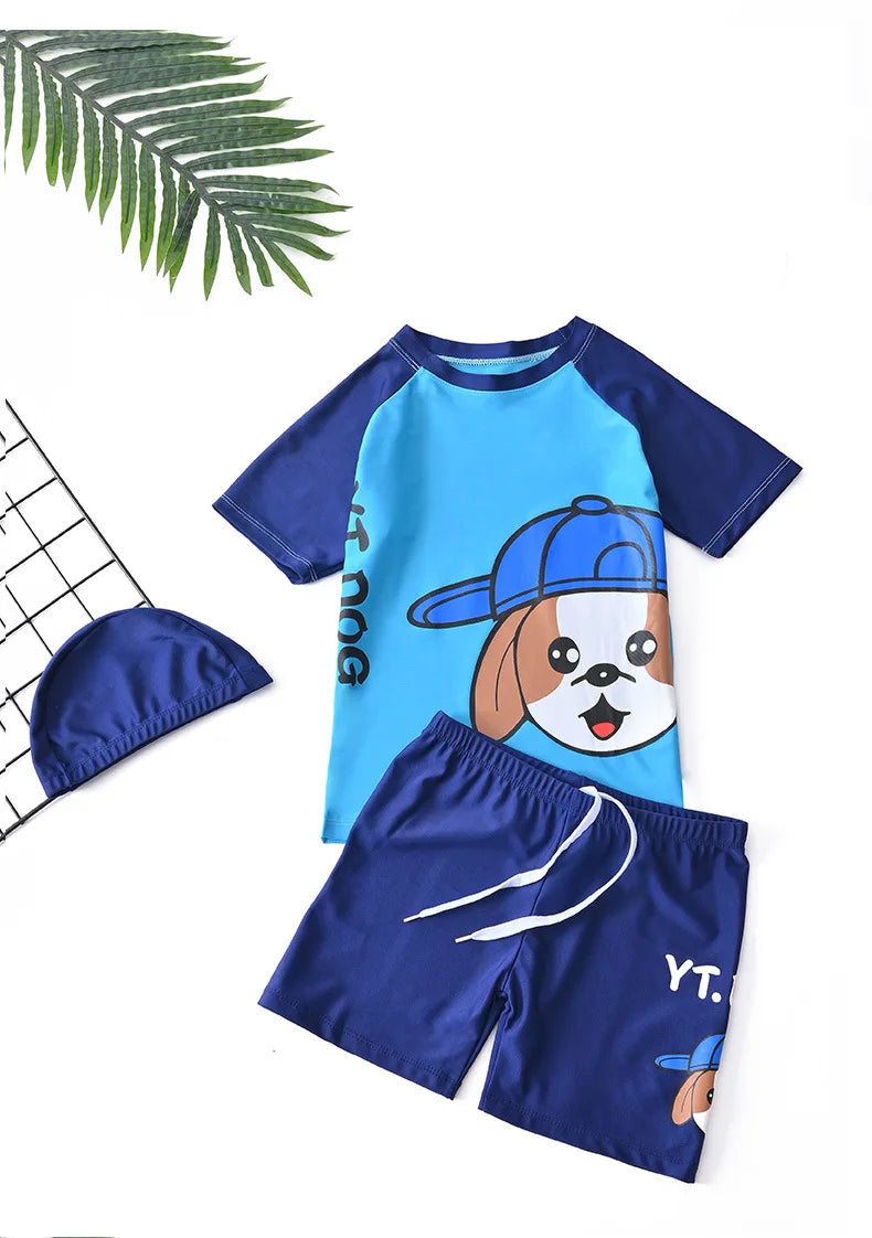 Children's Swimming Suit Teenage Boys' Swimsuits with Cap Cartoon Dog Sun Protection Short Sleeved Sports Swimwear Kids