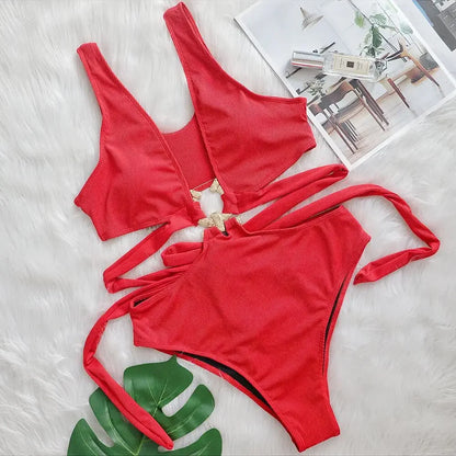 One Piece Swimsuit Swimwear Women Deep V-neck Hollow High Waist One-piece Bathing Suit Beachwear Metal Hoop