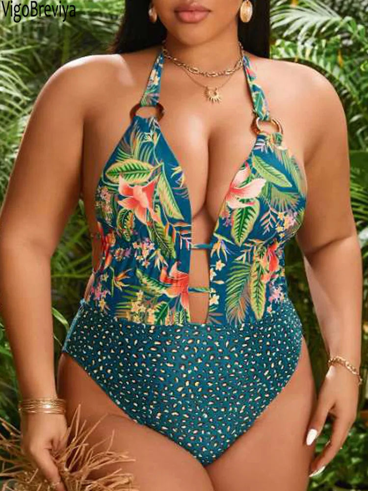 Women's Plus-Size V-Neck Cut-Out Halter One-Piece Swimsuit